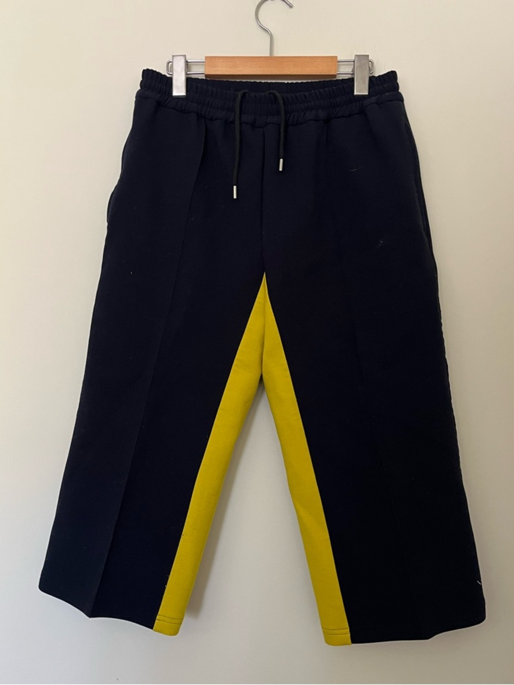 MSGM MIlano Cropped Wool Blend Colour-blocked Neon Yellow Black Wide Leg Pants